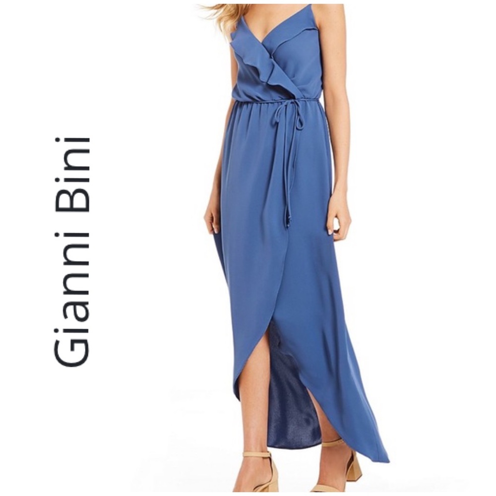 GB Gianni Bini Navy Ruffle Front Tie Maxi Dress L